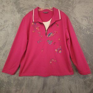Koret Womens Shirt Top Pink Pullover Embroidered Floral‎ 1/4 Zip Long Sleeve L